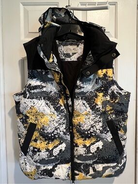 Hooded Puffer Down Vest- Black w White & Yellow Accents, Out & Inside Pockets